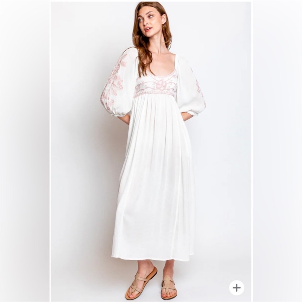 Free People White Maxi Dress with Pink Embroidery